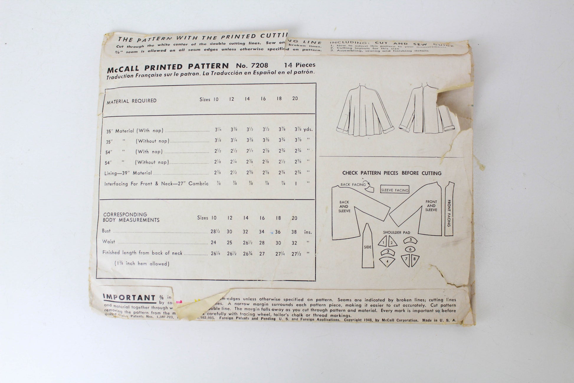 1940s womens jacket sewing pattern mccalls 7208 vintage