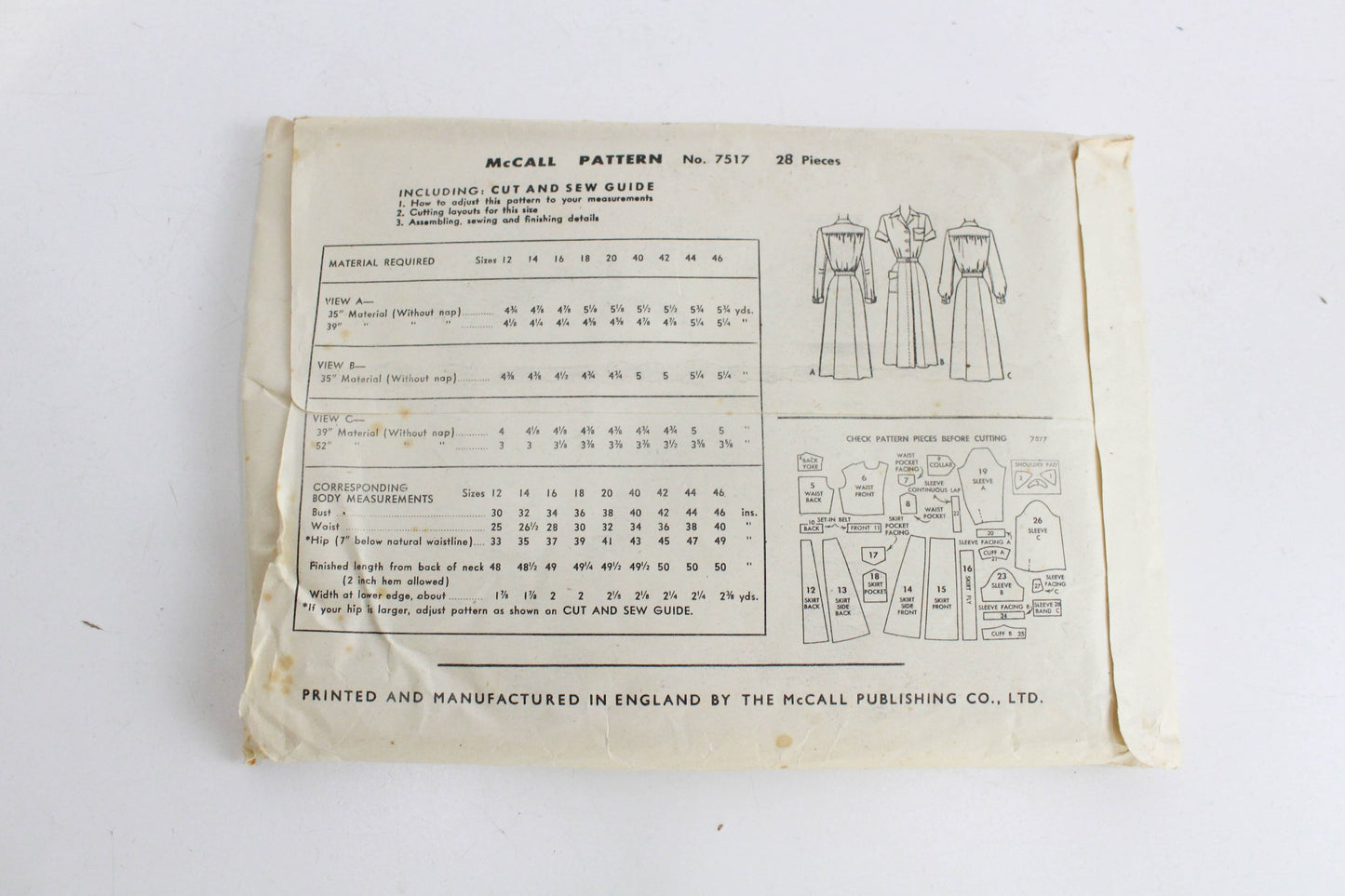 1940s Nurse Uniform Sewing Pattern McCall 7517 Bust 34