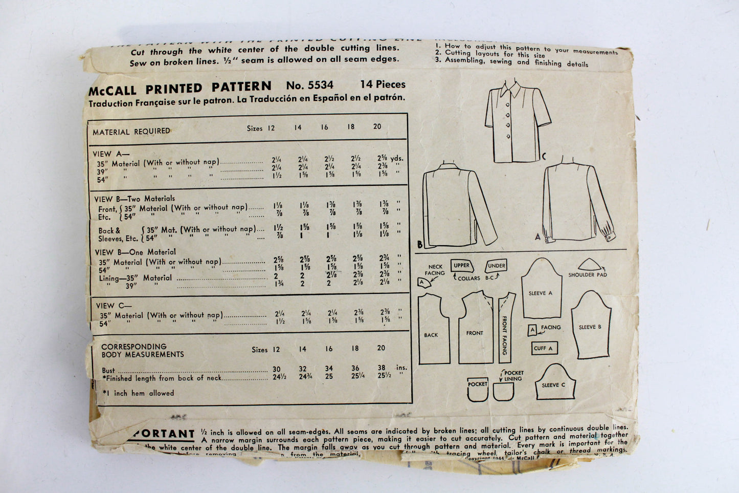1940s Women's Jacket Sewing Pattern, McCall's 5534, Bust 34