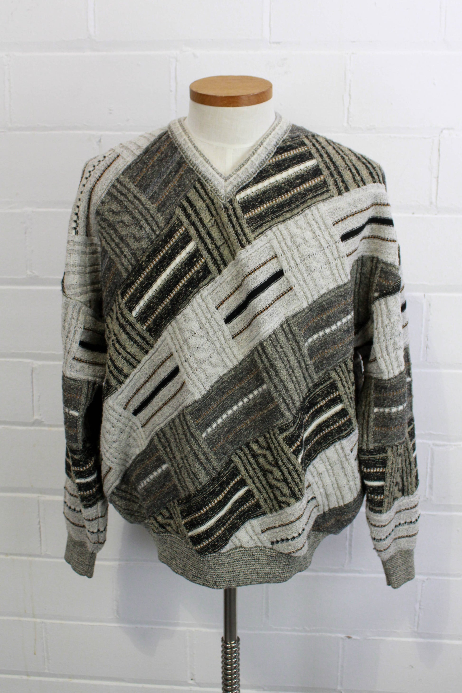 80s/90s Tosani Knit Sweater Patchwork Design in Grey and Green Men's V neck Pullover