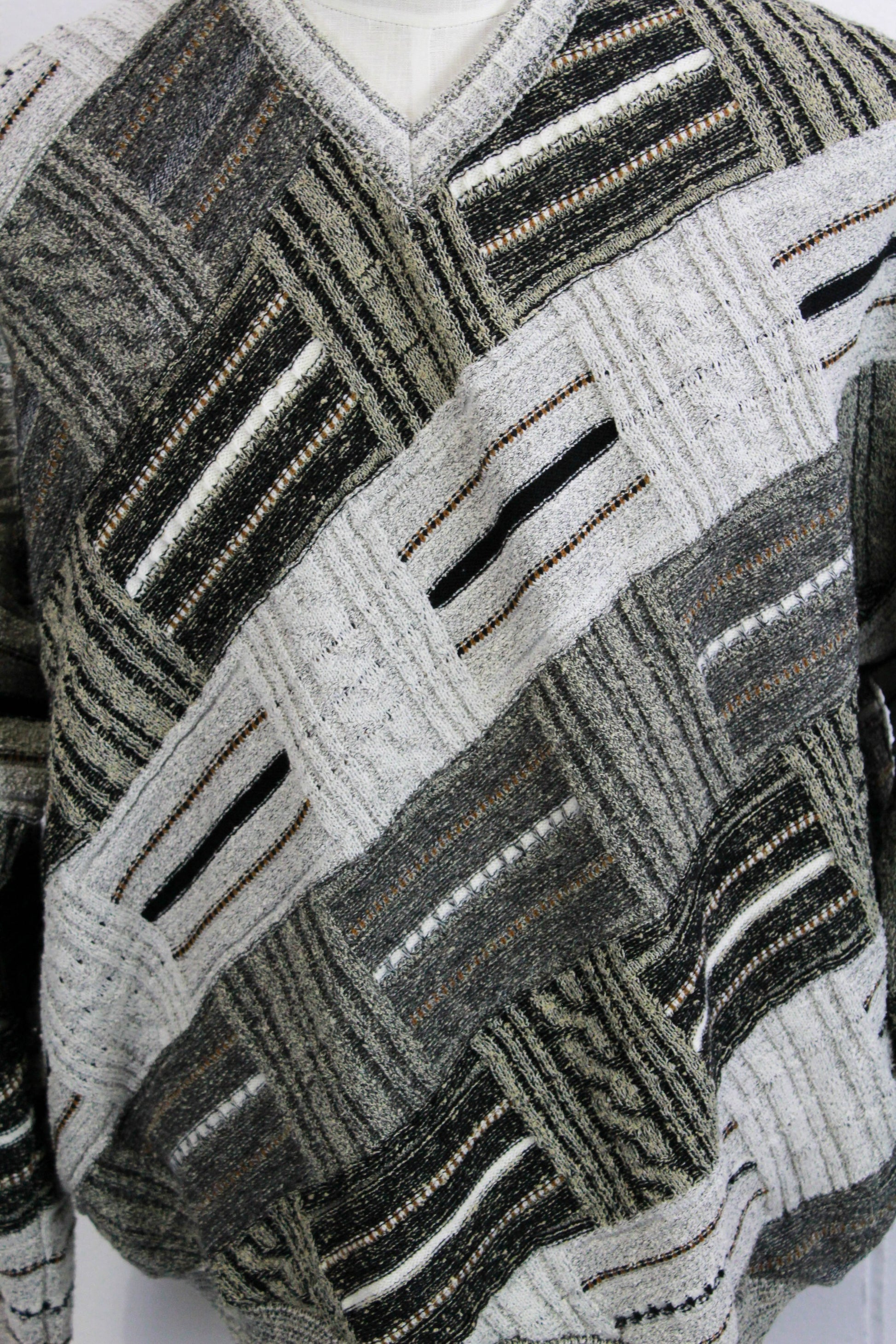 80s/90s Tosani Knit Sweater Patchwork Design in Grey and Green Men's V neck Pullover