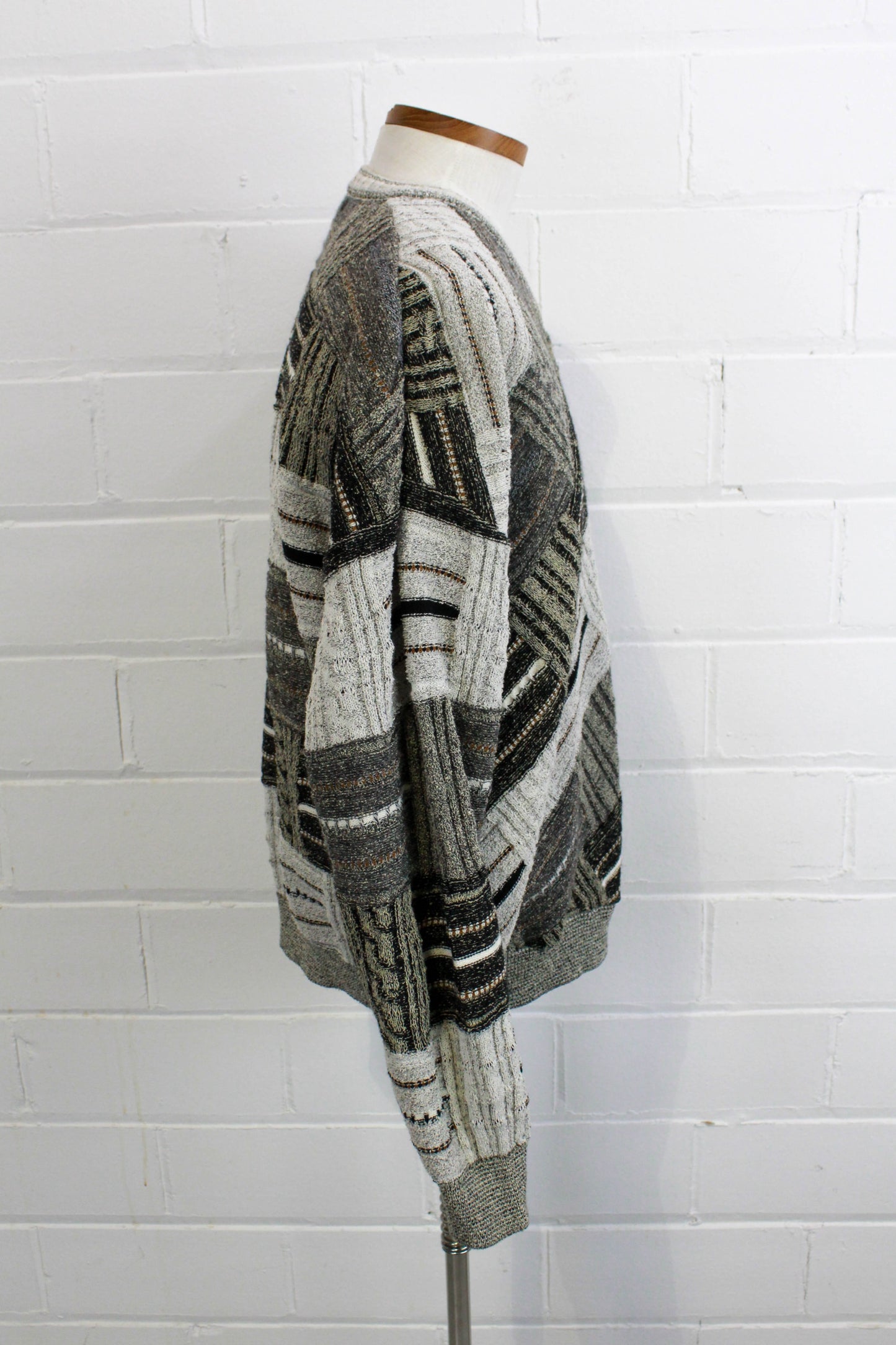 80s/90s Tosani Knit Sweater Patchwork Design in Grey and Green Men's V neck Pullover side view