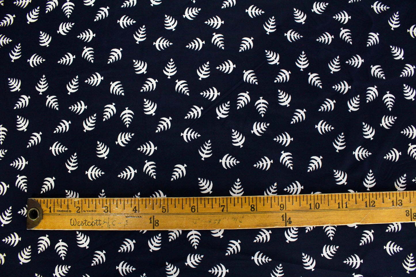 1940s navy blue rayon sewing fabric with white tree print