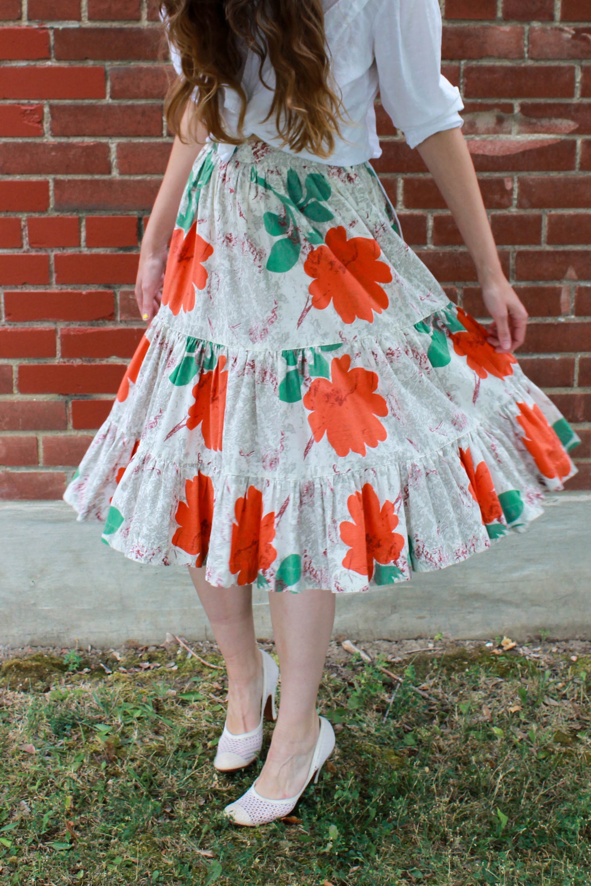 1950s orange floral print mid century flower print tiered cotton skirt