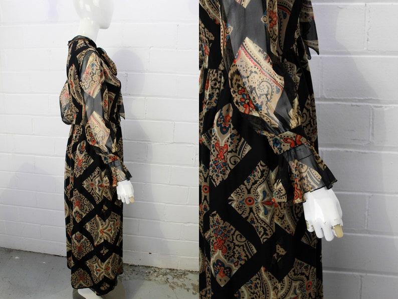 70s 80s Oscar de la Renta dress, maxi dress vintage designer Oscar de la Renta Boutique printed silk dress with secretary bow, long sleeves ian drummond collection