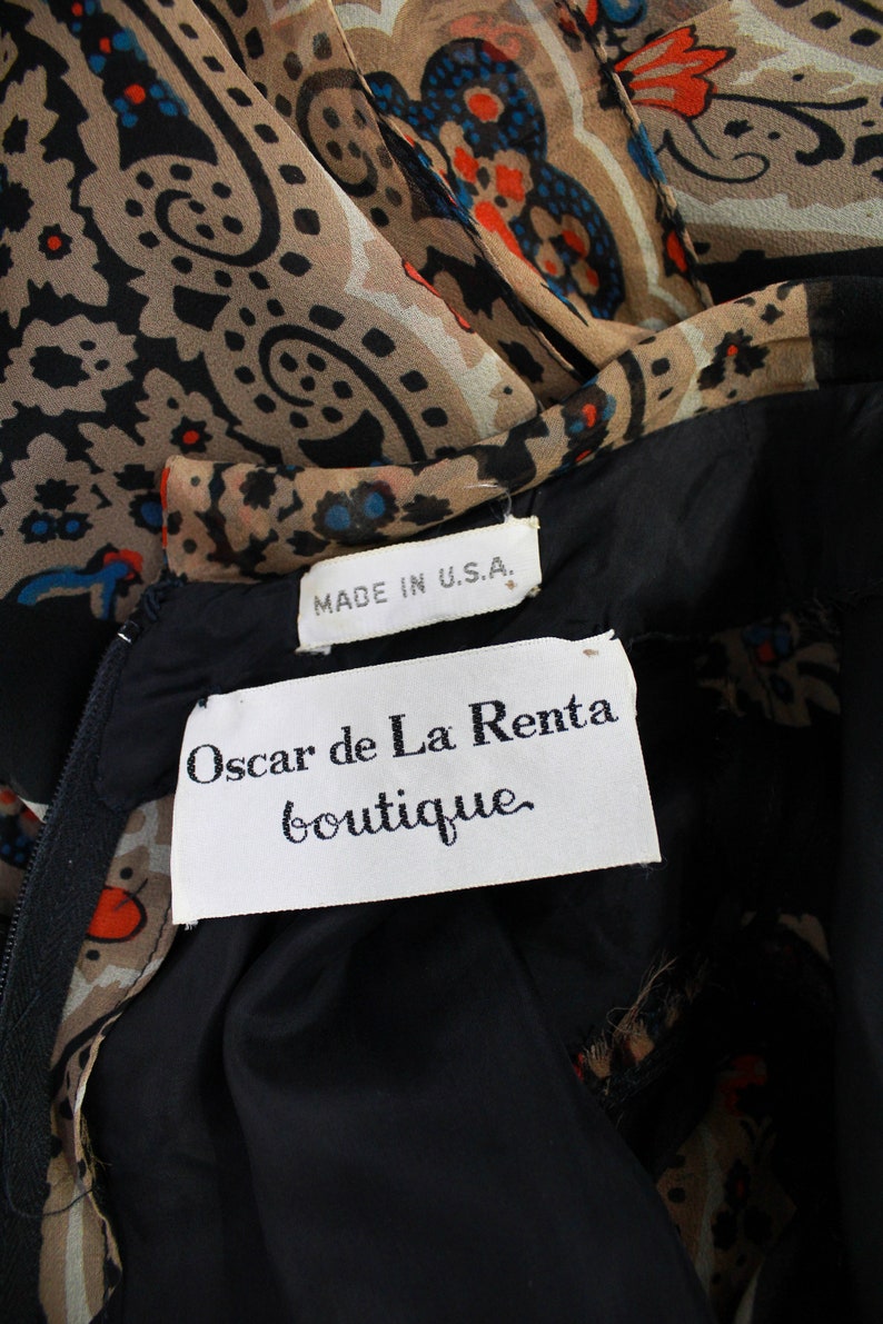 70s 80s Oscar de la Renta dress, maxi dress vintage designer Oscar de la Renta Boutique printed silk dress with secretary bow, long sleeves ian drummond collection