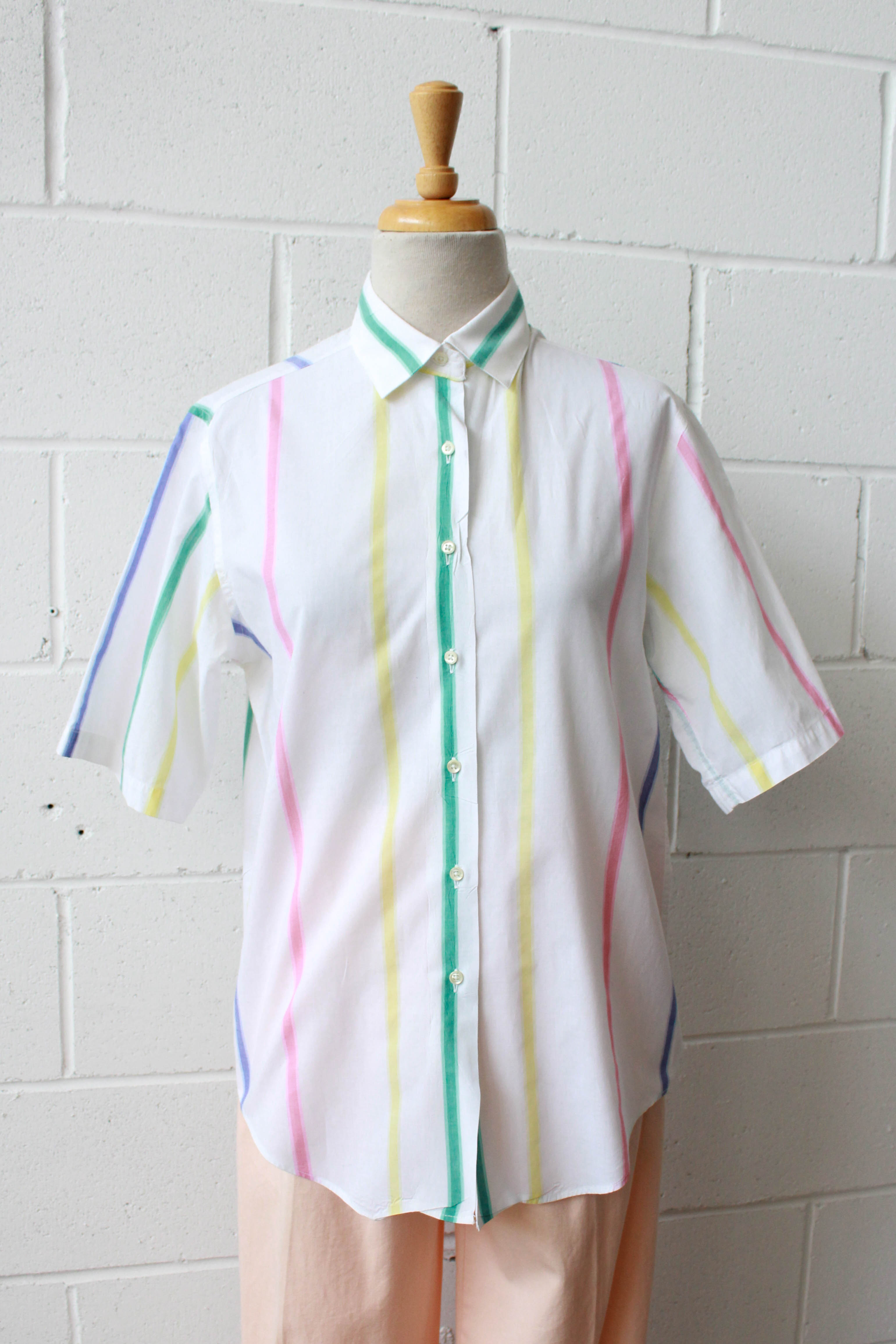 Vintage Rainbow Stripe Short Sleeve Button purchases Down