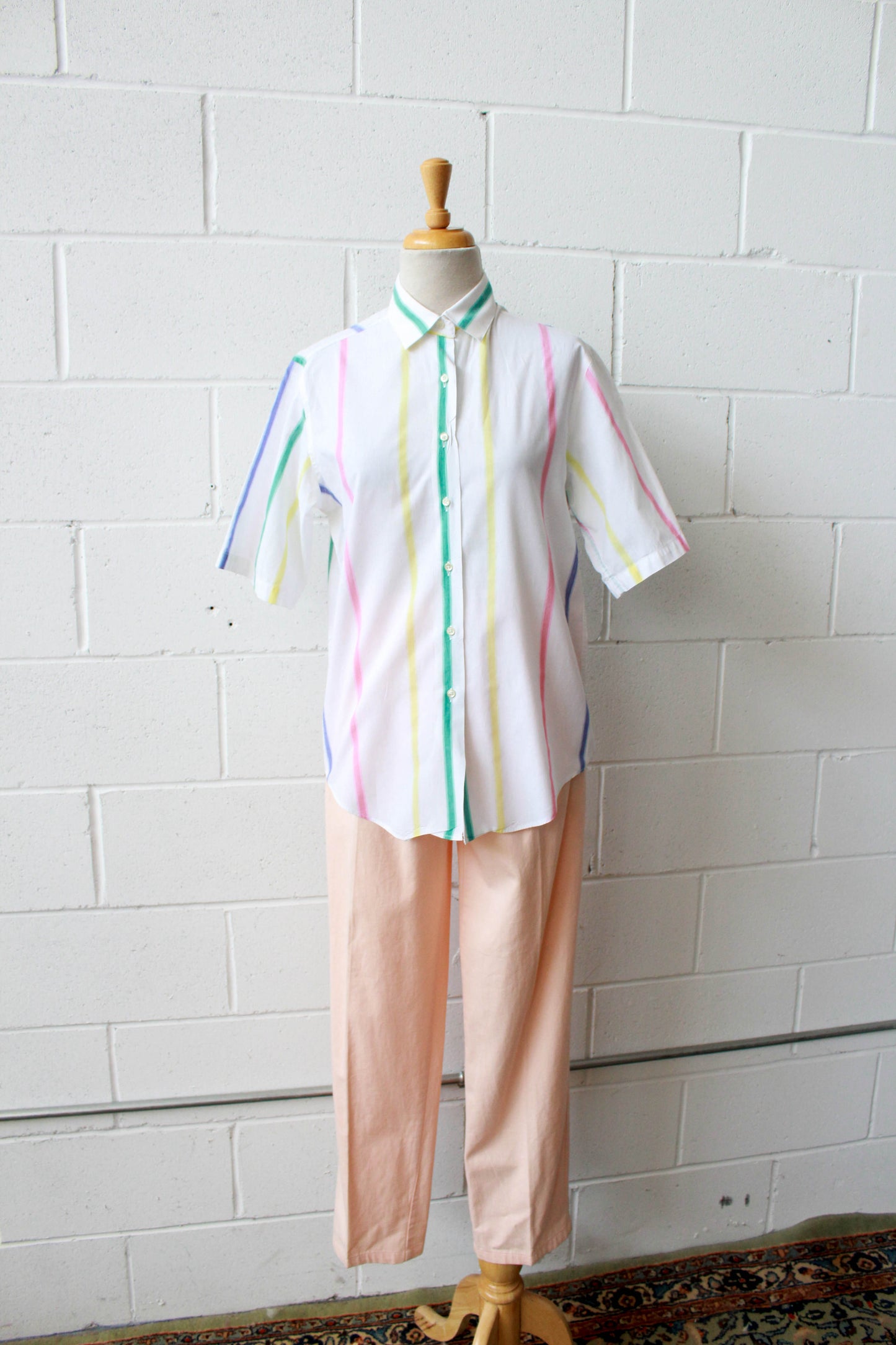 Vintage 80s Rainbow Stripe White Button Down Shirt, M/L