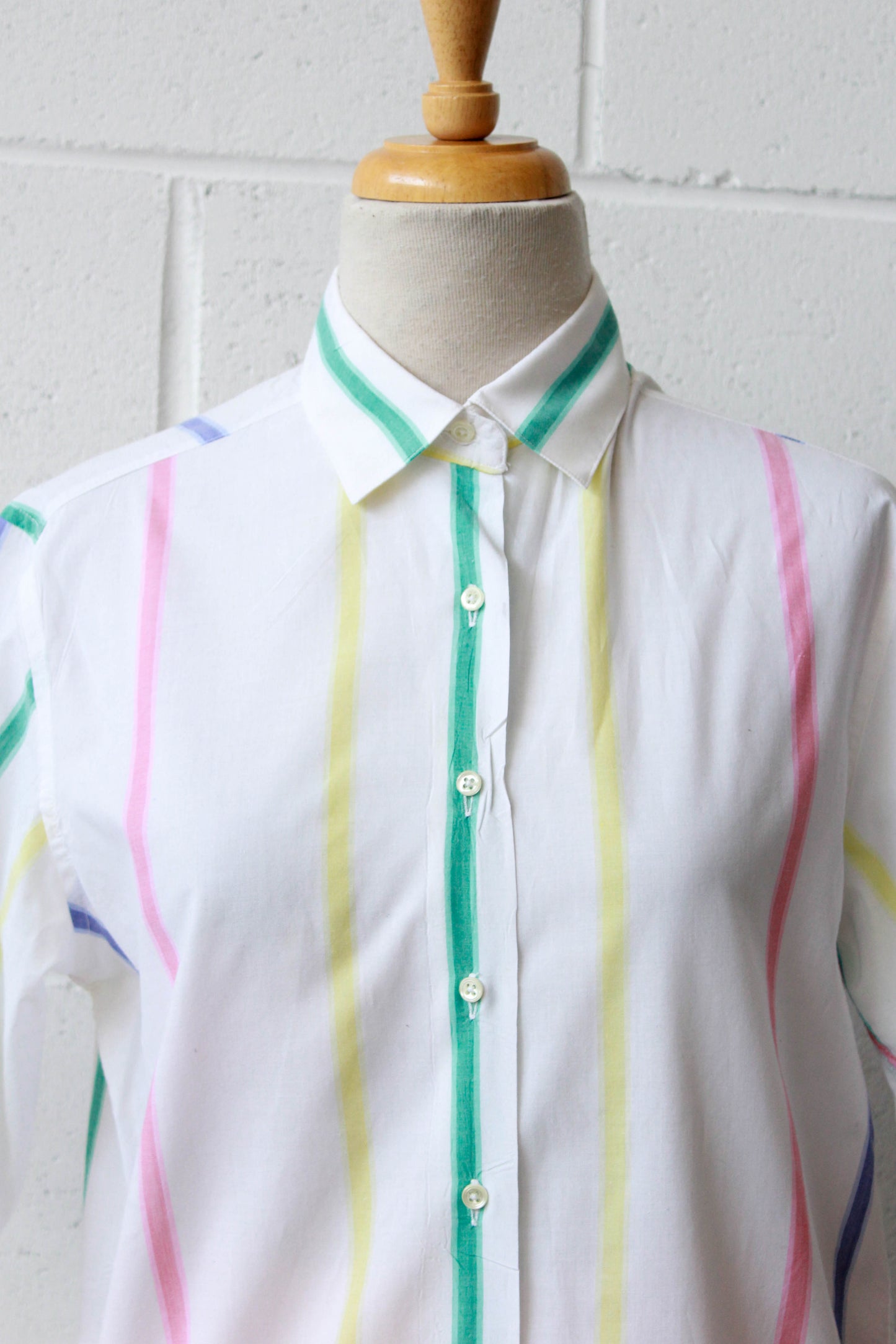80s Rainbow Stiped White Button Down Shirt, M/L