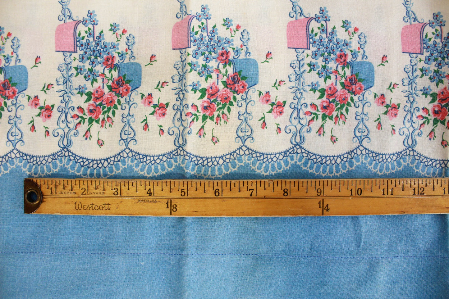 1940s pink blue floral print border print cotton feedsack pillowcase