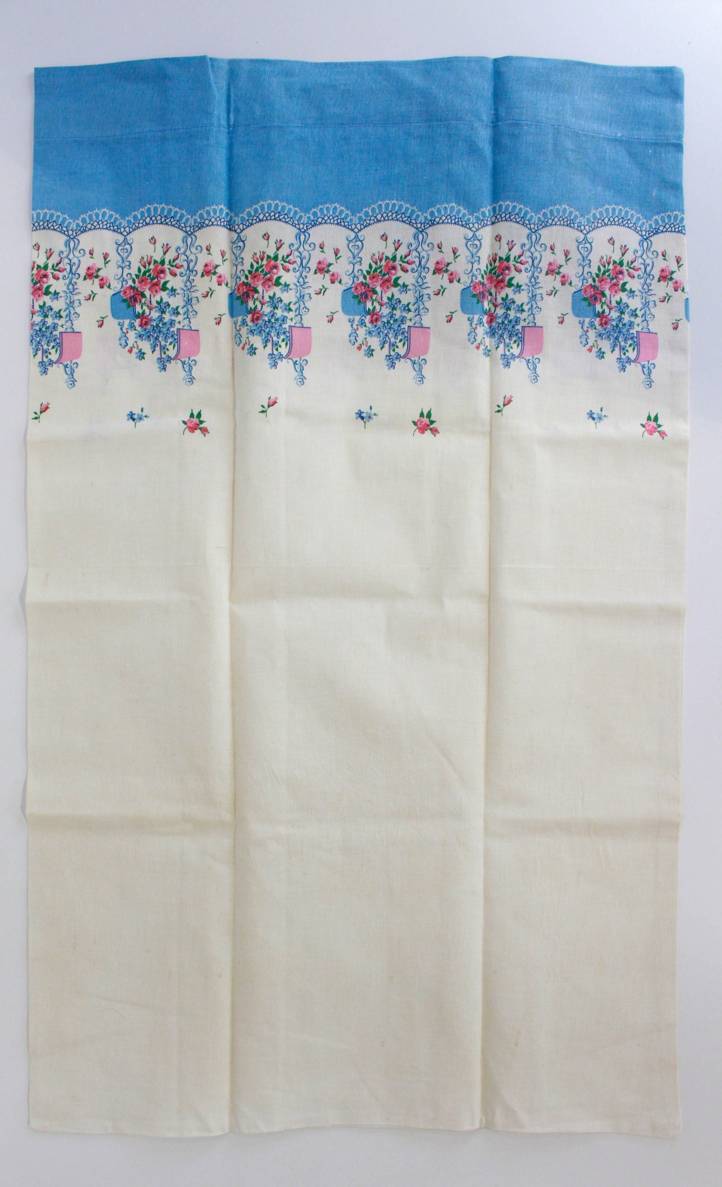 1940s pink blue floral print border print cotton feedsack pillowcase