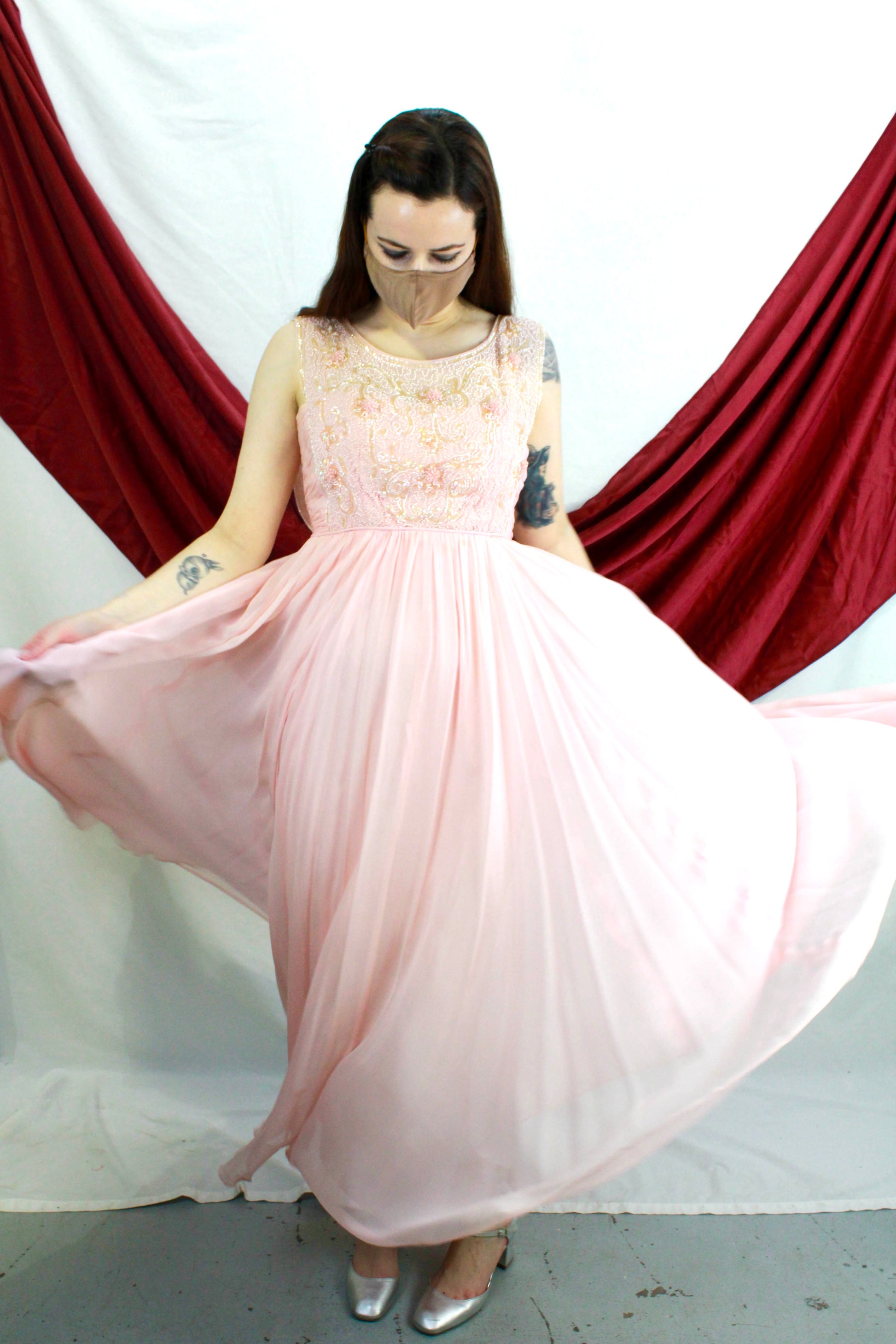 Light pink ethereal floating chiffon gown. Ian Drummond Vintage. 