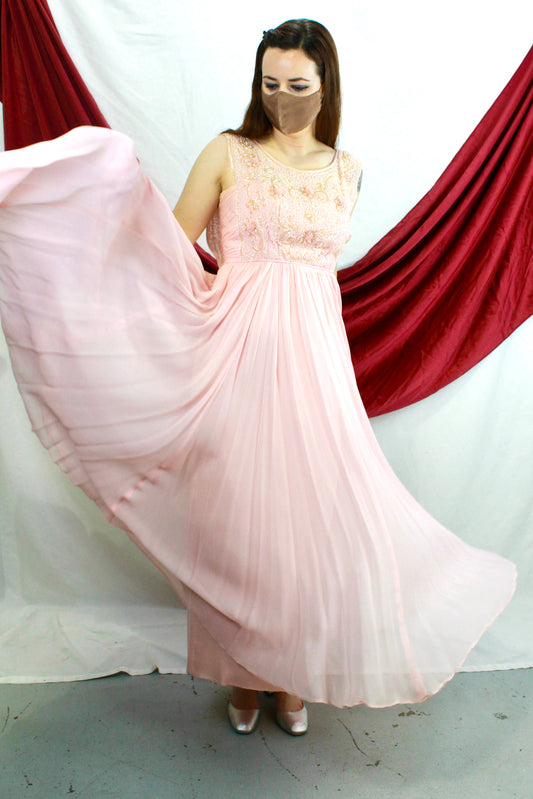 Vintage 60s pink chiffon beaded gown. Ian Drummond Vintage. 