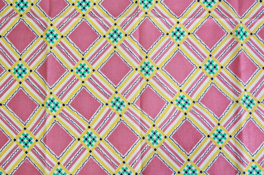 1930s 40s pink yellow diamond check print cotton feedsack