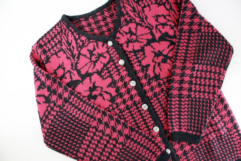 90s Floral Houndstooth Knit Cardigan, Medium