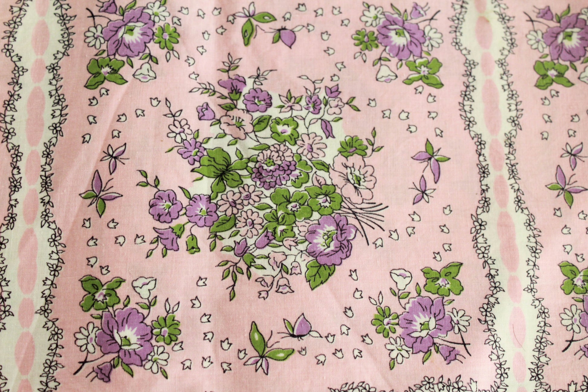 1950s pink floral print cotton sewing fabric square pattern with purple flowers 