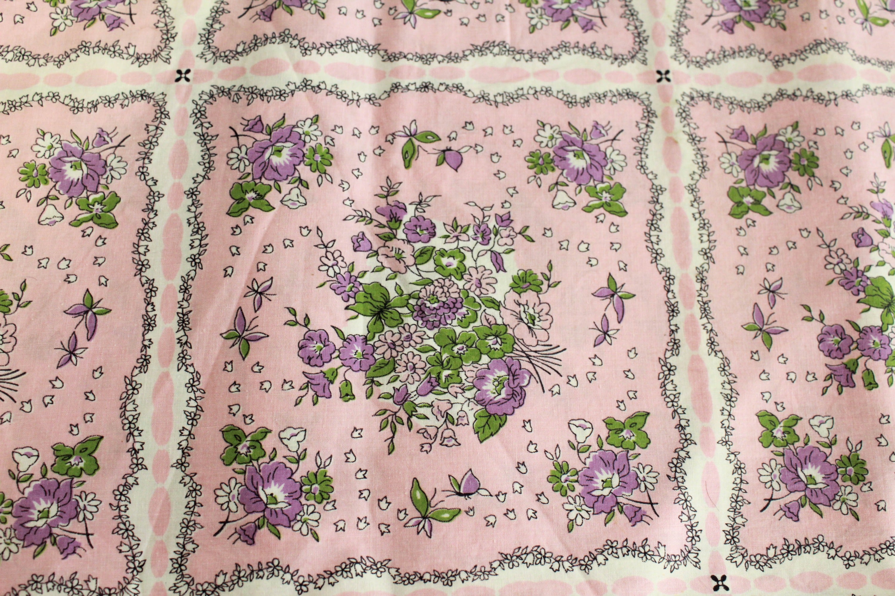 1950's Vintage Wild Impressionistic 2024 Floral Roses Peonies Daisies Purples Blues Ecru & Teal Slubbed Rayon Fabric 3 yards 5