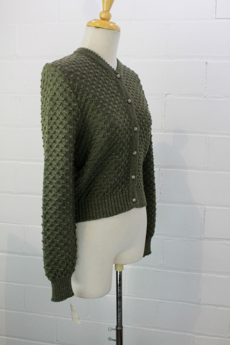 80s popcorn knit wool austrian cardigan, deadstock, olive green