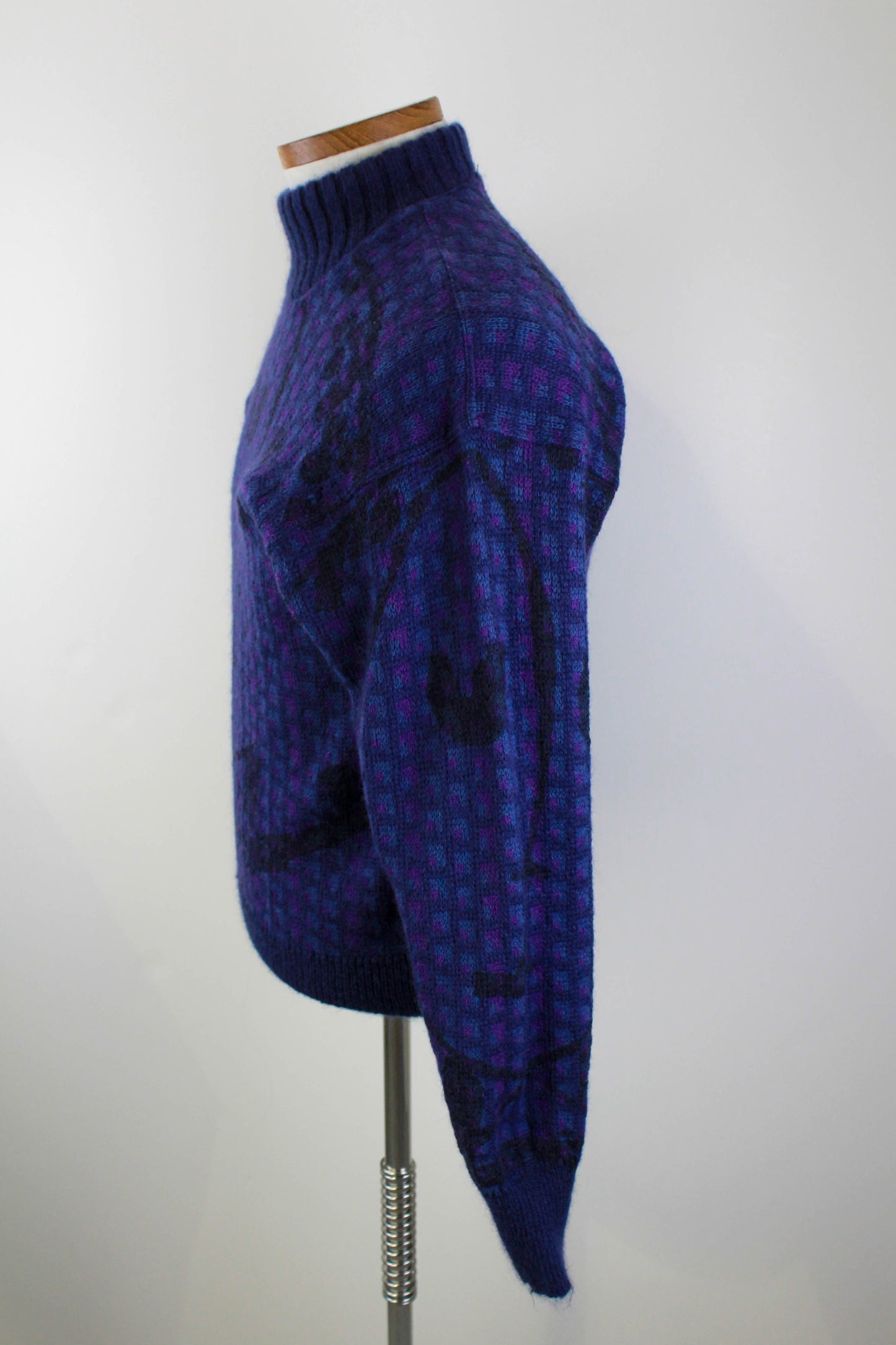 80s 90s Tino Cosmo Sweater with Abstract Face Knit design, Purple and Blue, Turtleneck Vintage Wool Sweater