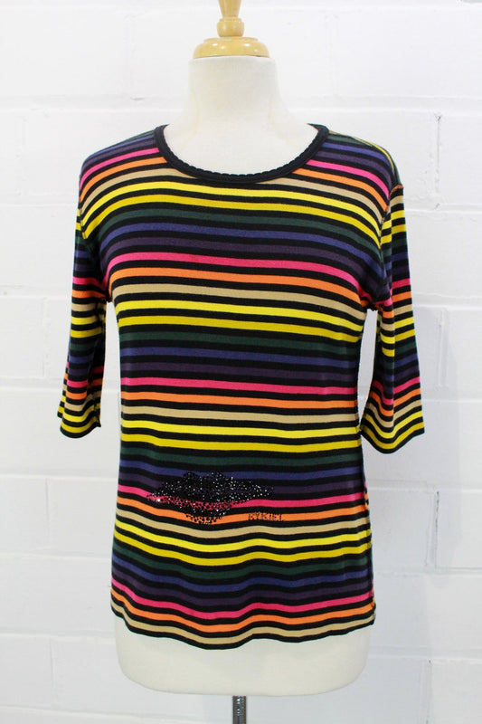 Vintage 1990s Sonia Rykiel Rainbow Striped T-Shirt with Rhinestone Logo, Medium