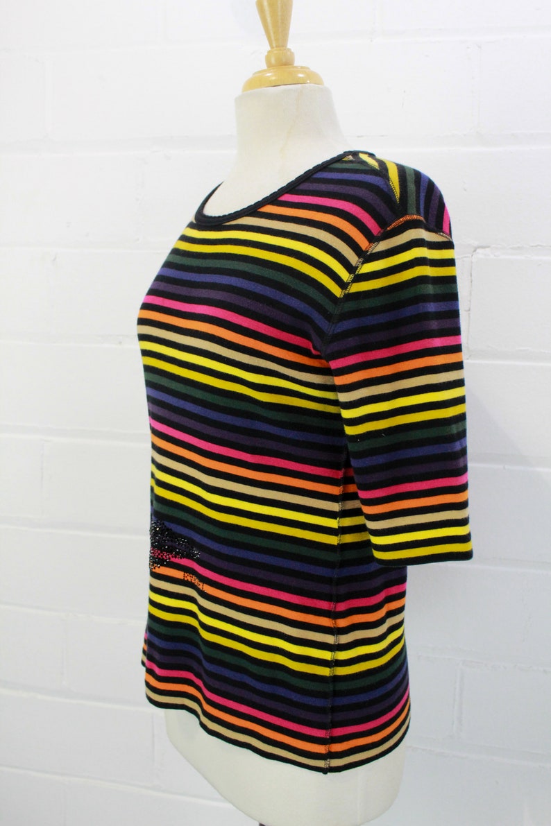 Sonia Rykiel Rainbow Striped Tshirt with Rhinestone Logo, Medium