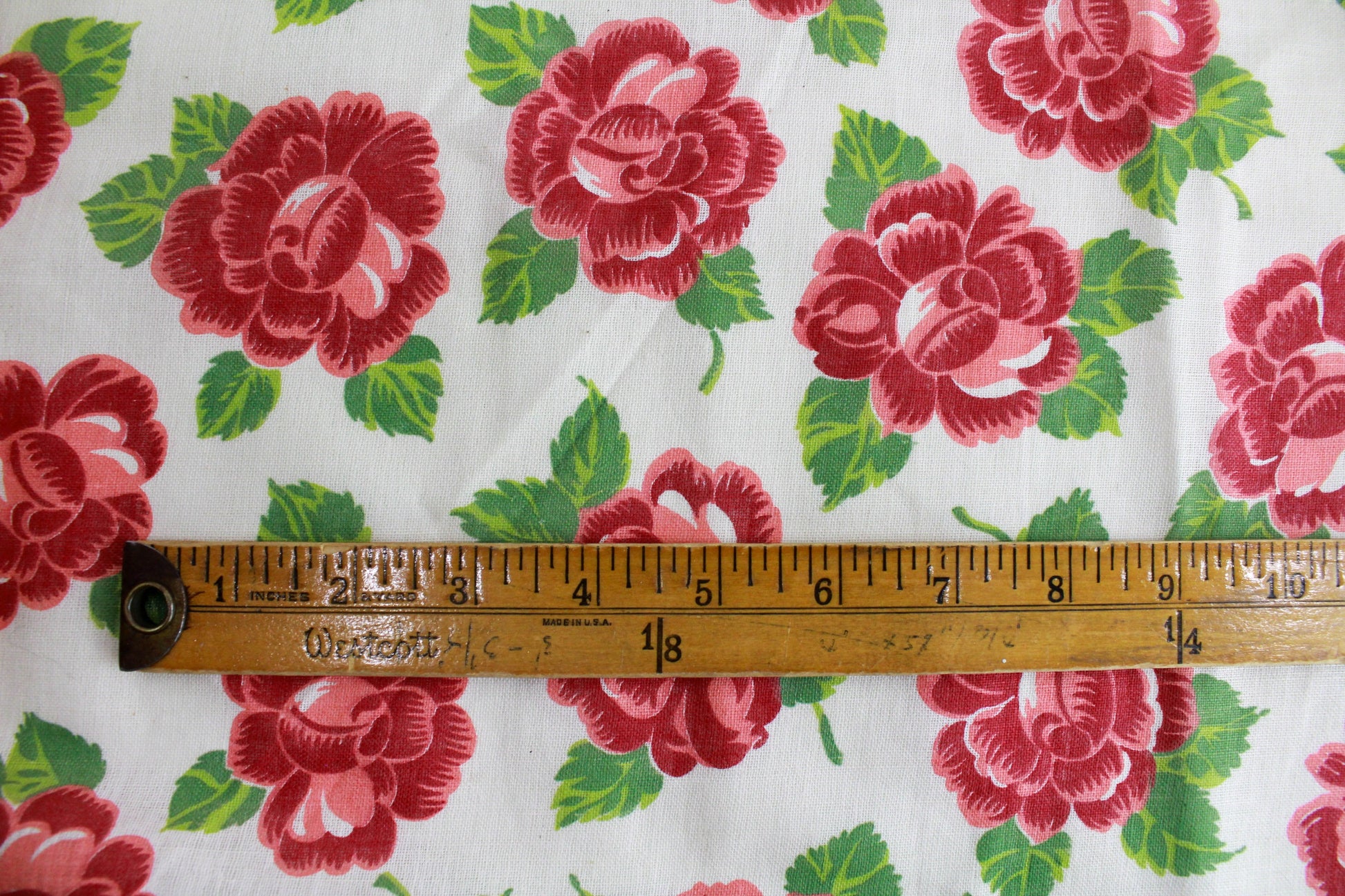1940s/50s Rose Floral Printed Cotton Fabric, 5 Yards, Vintage Rose