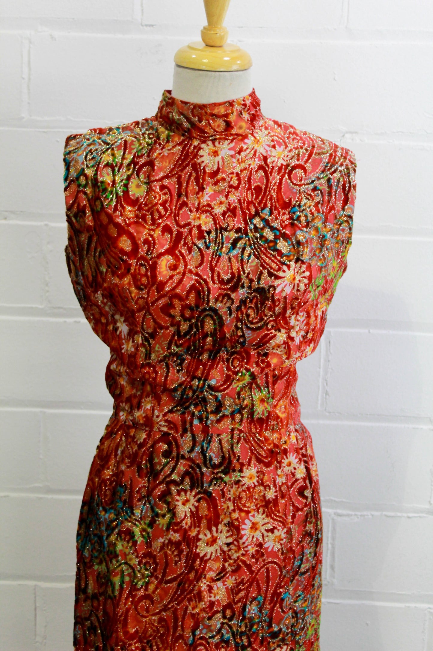 70s maxi dress red and gold velvet metallic floral print close up of front