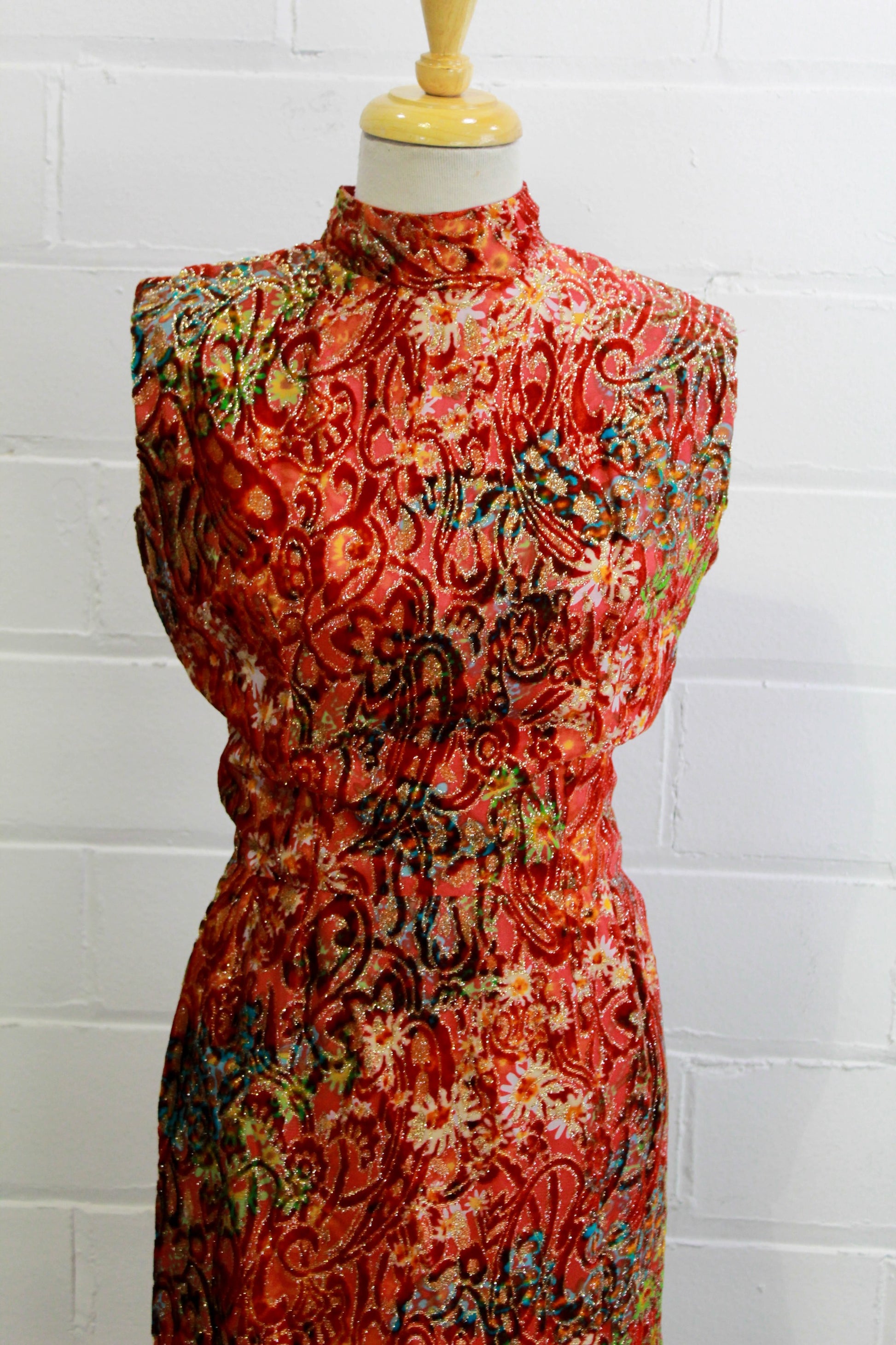 Vintage 1970s Red Velvet Floral Maxi Dress, Small Vintage 1970s Red Velvet Floral Maxi Dress, Small