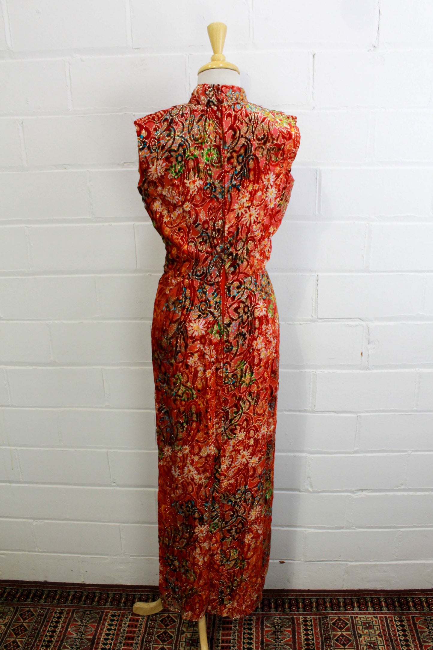 70s maxi dress red and gold velvet metallic floral print back view