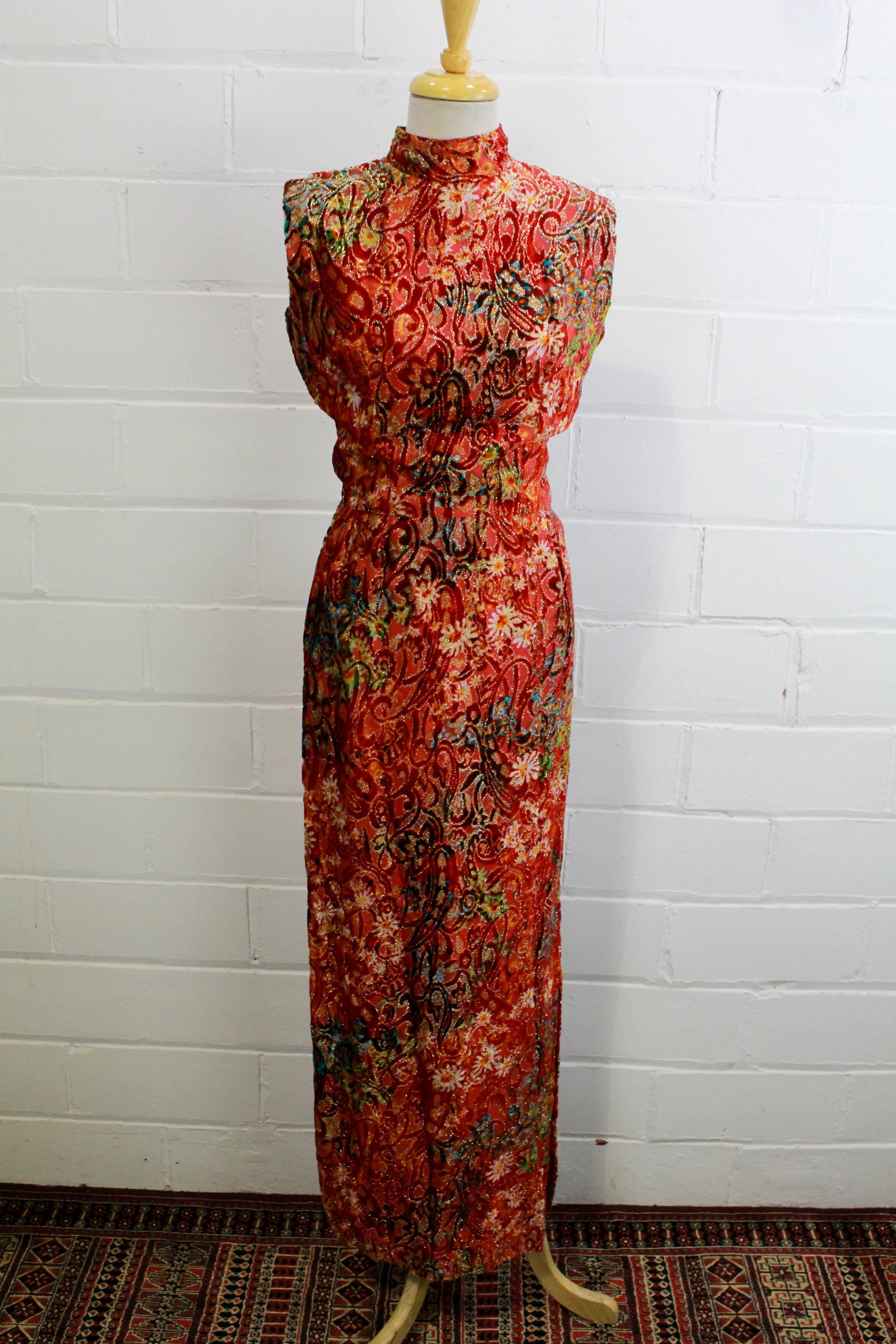 1970s maxi dress red and gold velvet metallic floral paisley print vintage holiday party dress