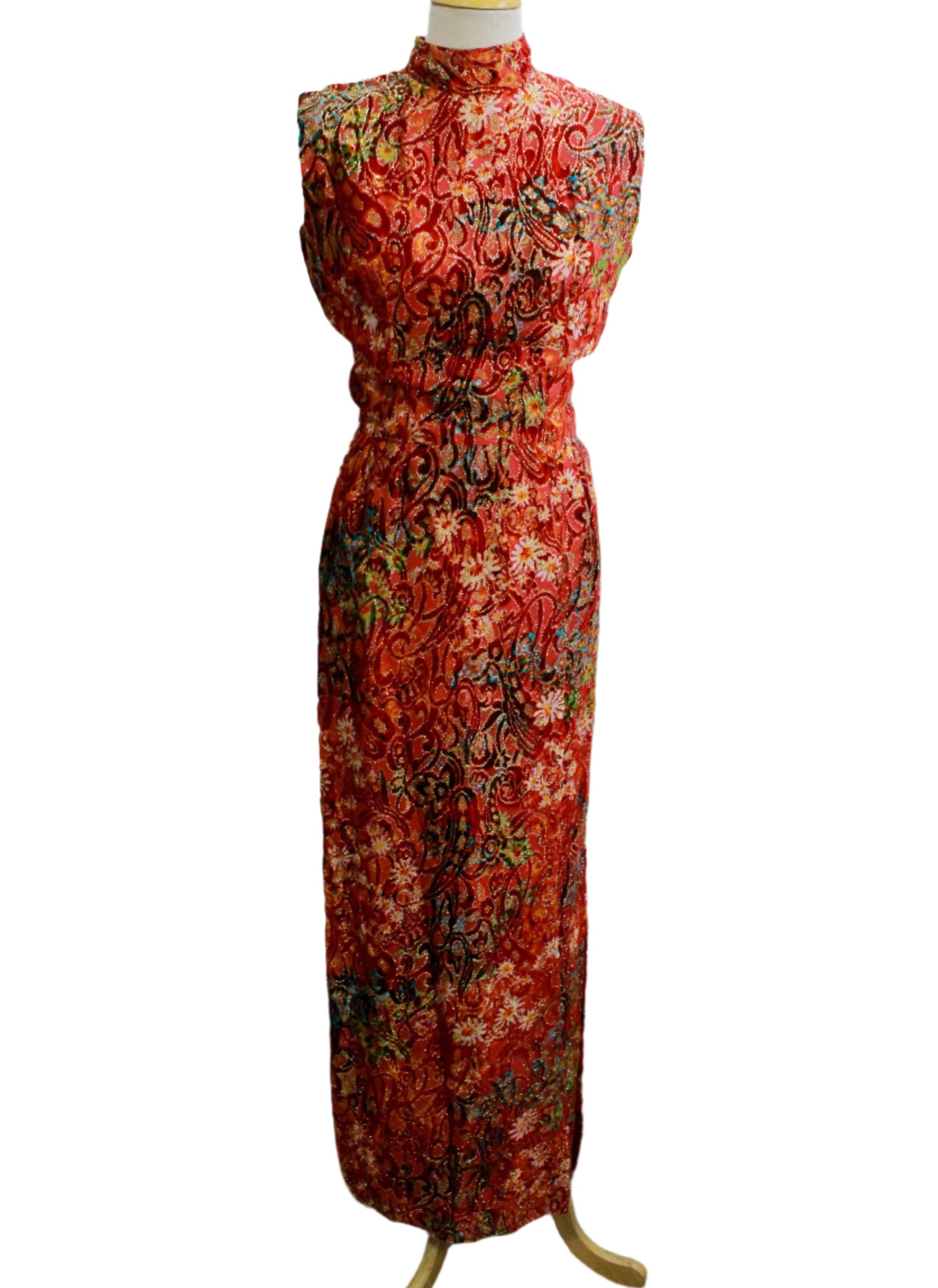 Vintage 1970s Red Velvet Floral Maxi Dress, Small Vintage 1970s Red Velvet Floral Maxi Dress, Small