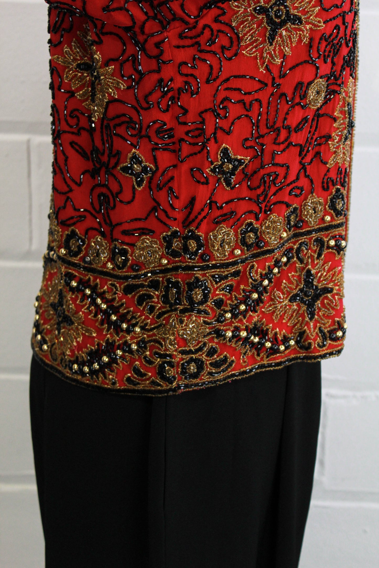 90s Red and Gold Beaded Cardigan, Small