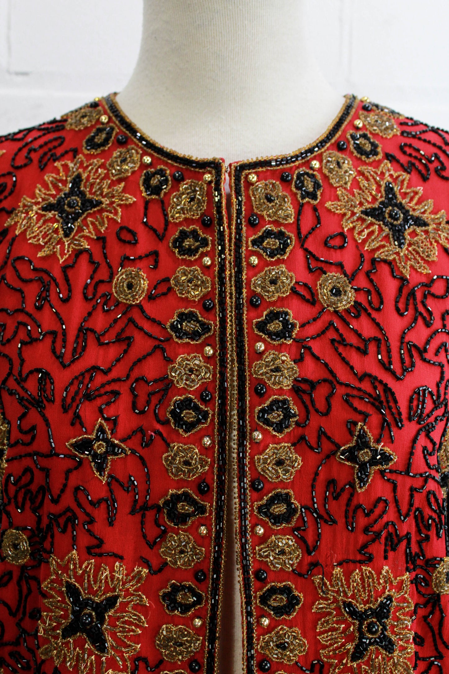 90s Red and Gold Beaded Cardigan, Small
