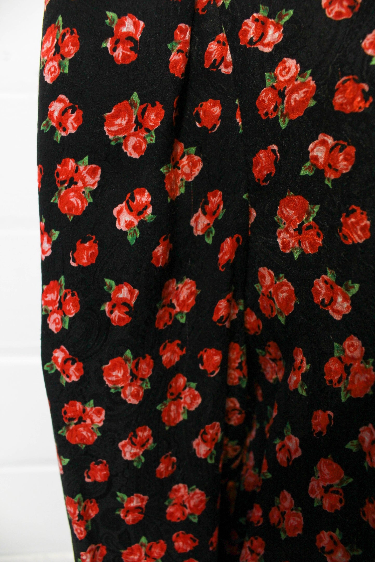 Vintage 1980s Black & Red Rose Print Silk Dress, Small