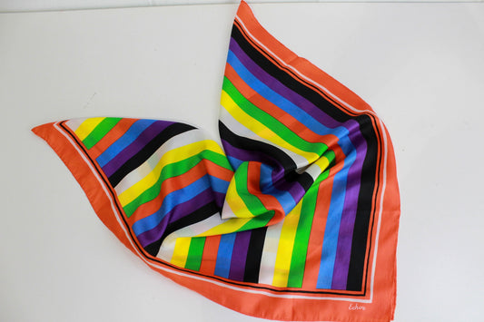 1960s 70s striped colourful square scarf, vintage silk scarf 