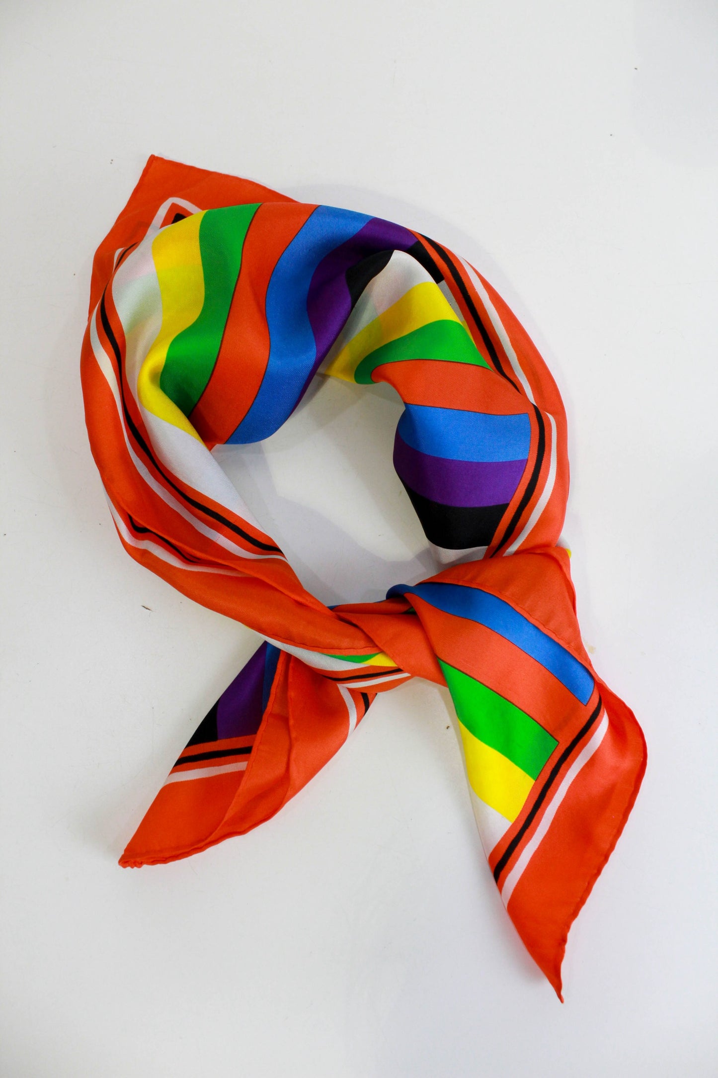 1960s 70s striped colourful square scarf, vintage silk scarf