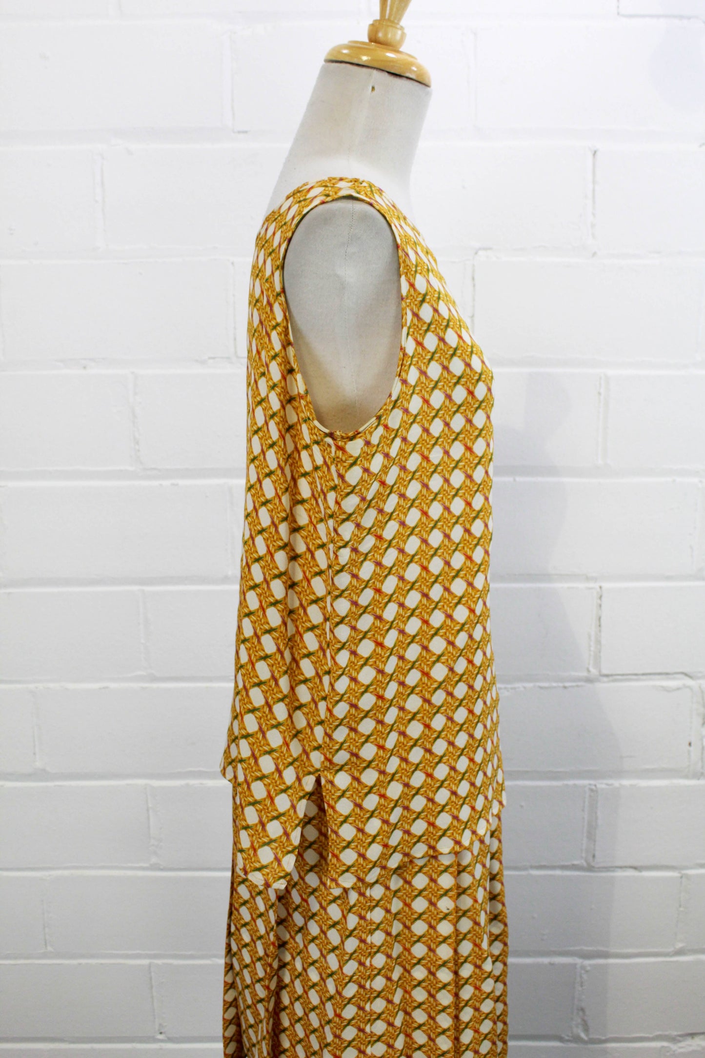 1980s Yellow Silk Bamboo Print Skirt and Top Set, Medium