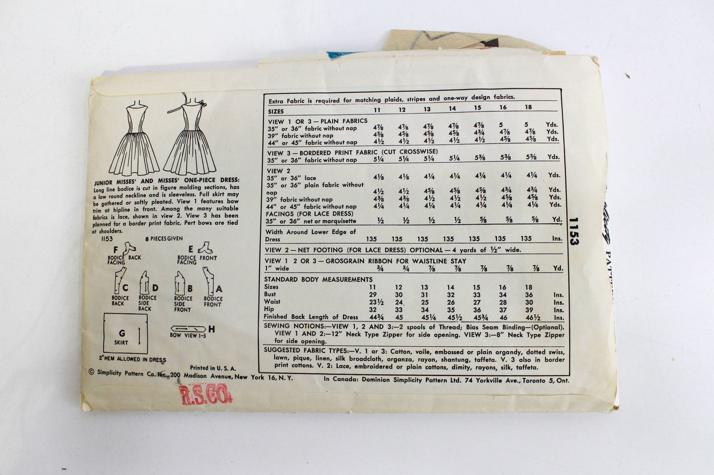 1950s Party Dress Sewing Pattern Simplicity 1153, Complete, Bust 30