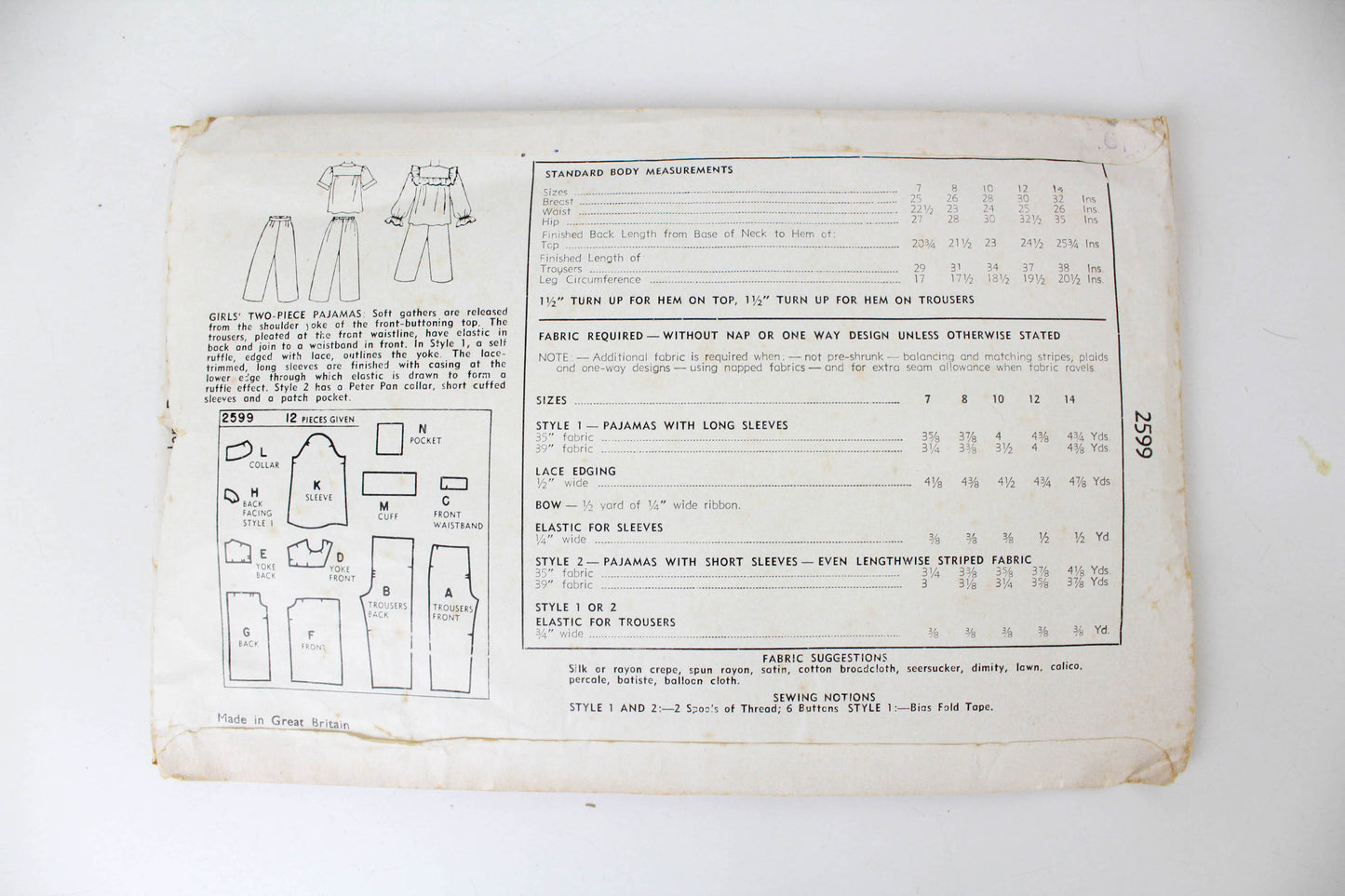 1940s Girls Pyjamas Sewing Pattern Simplicity 2599 Complete