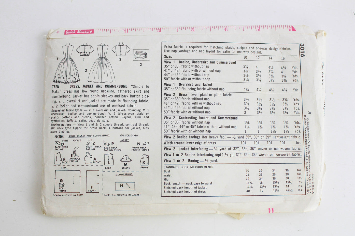 1950s/60s Dress Jacket and Cummerbund Sewing Pattern Simplicity 3016, Bust 34