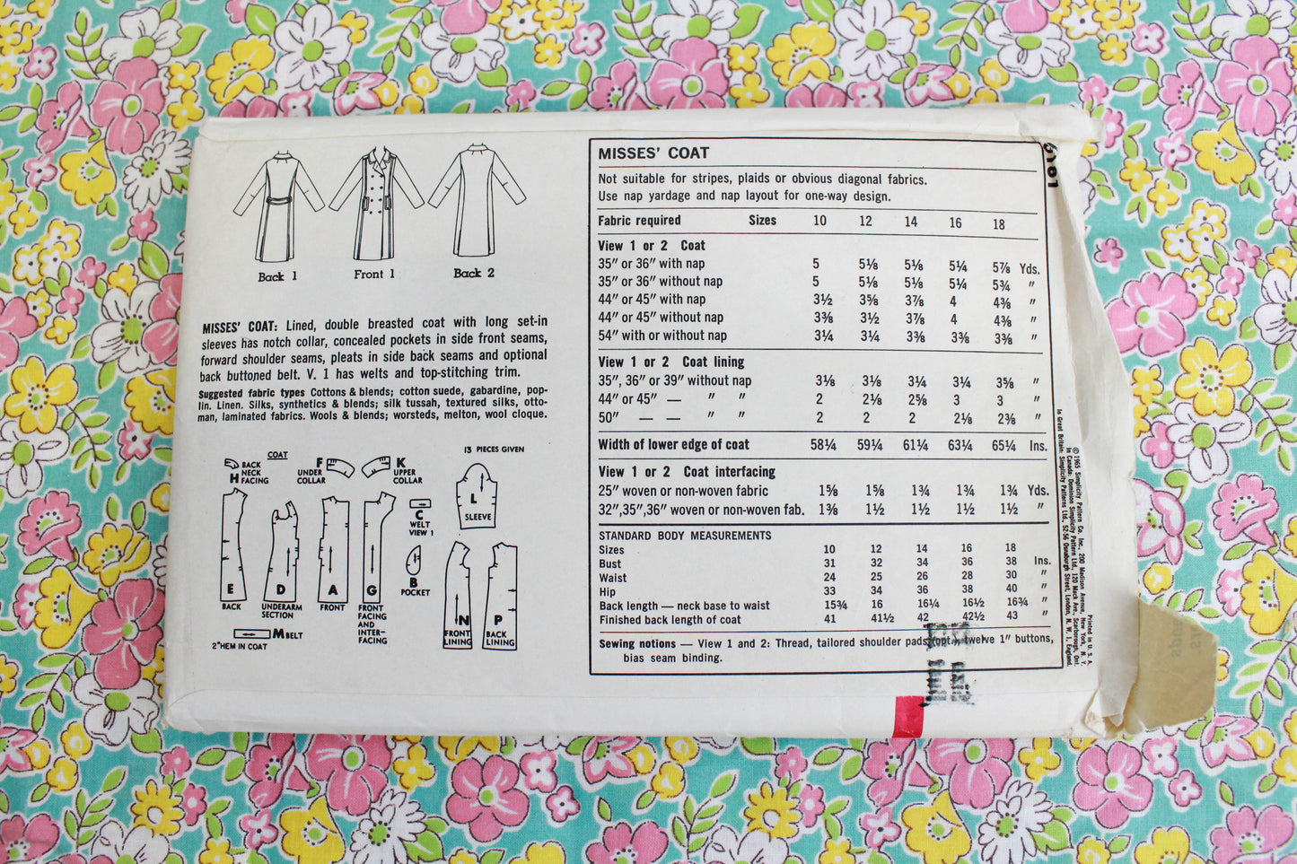1960s Womens Coat Sewing Pattern Simplicity 6181, Complete, Double Breasted, Bust 32"