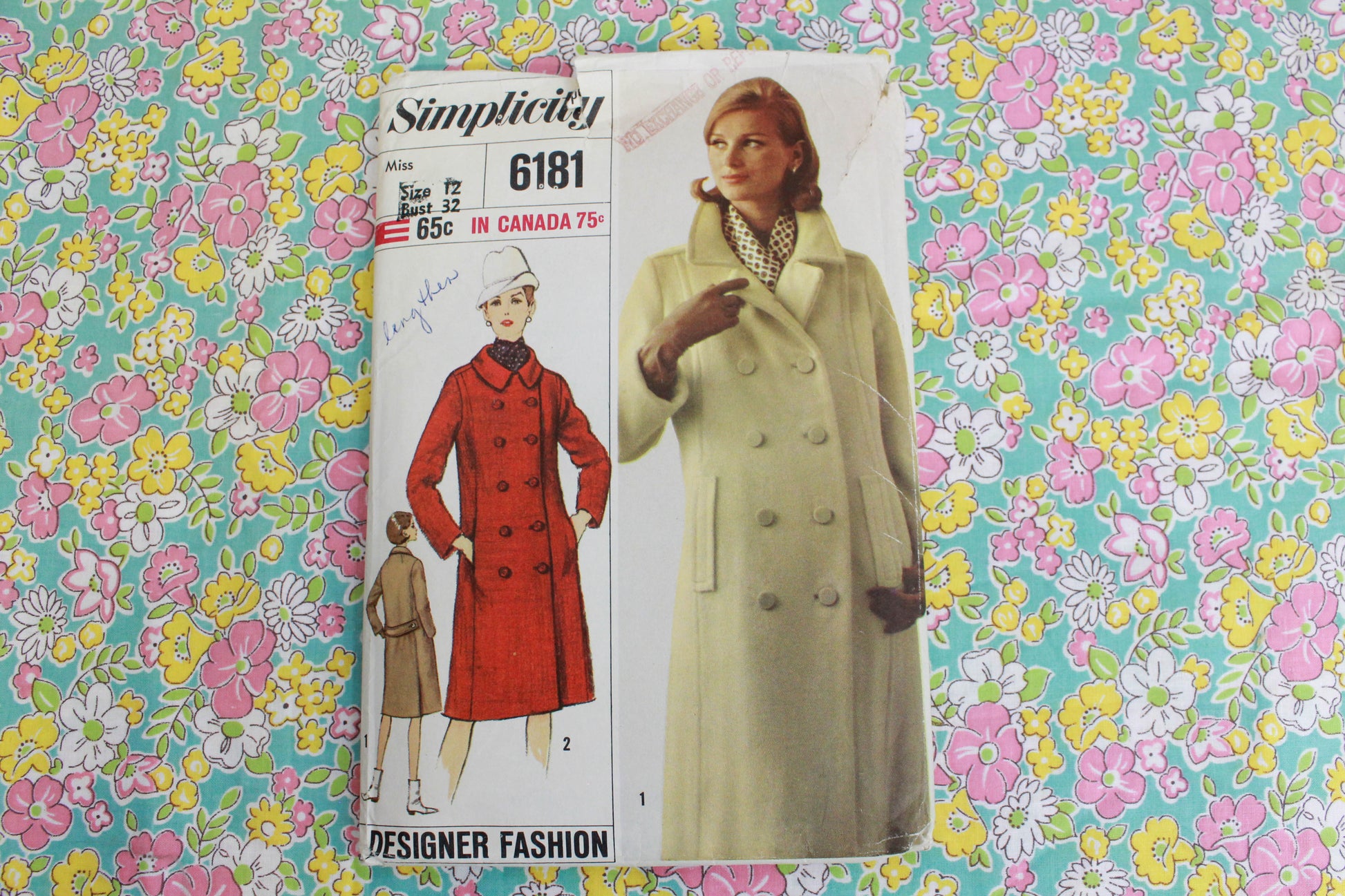 1960s womens coat sewing pattern double breasted, simplicity 6181