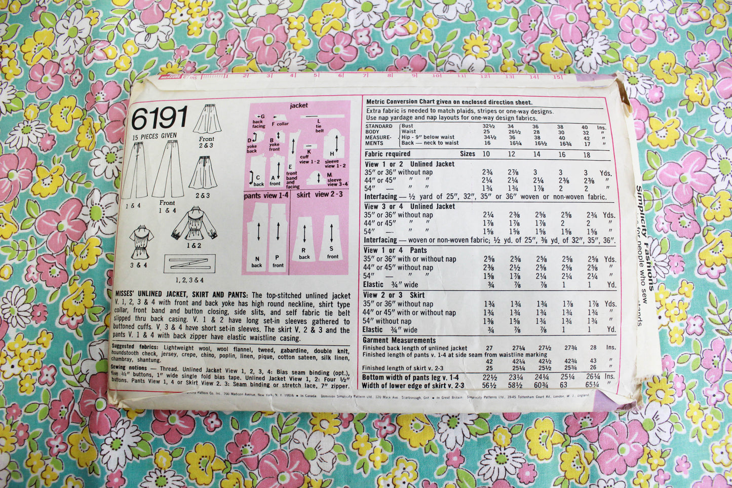 1970s Women's Skirt, Jacket Sewing Pattern Simplicity 6191, Bust 38"