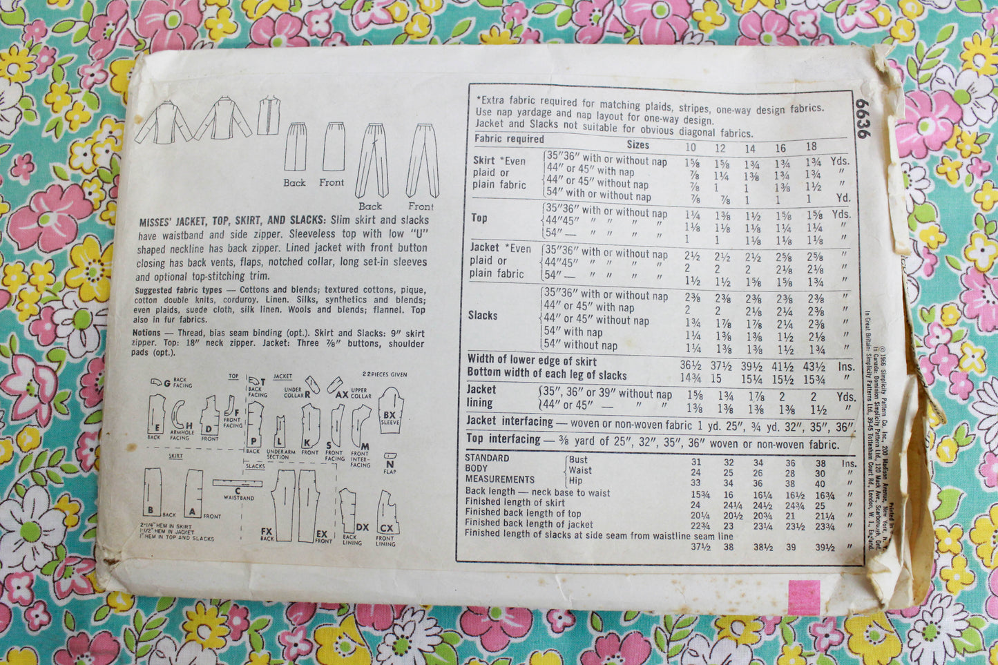 1960s Women's Slacks, Skirt, Top and Jacket Sewing Pattern Simplicity 6636, Complete, Bust 34 Vintage Sewing
