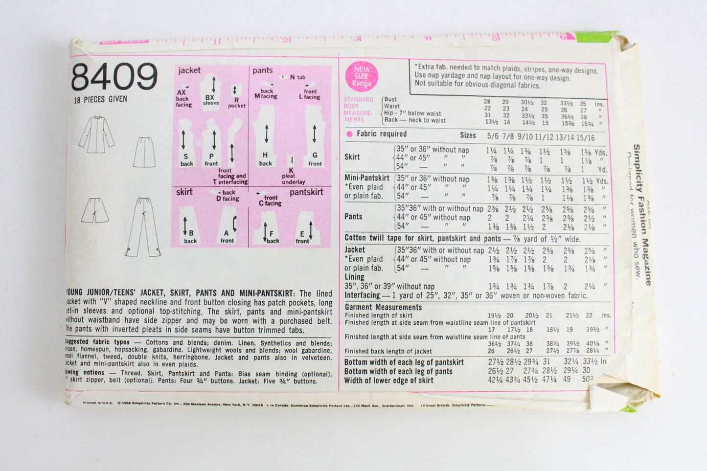 1960s Jacket, Skirt Pants and Mini Pantskirt Set Sewing Pattern Simplicity 8409