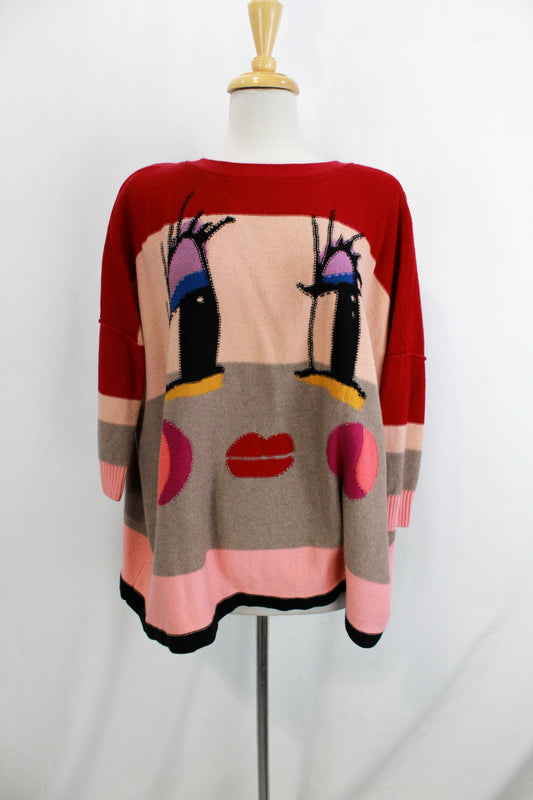 1980s Sonia Rykiel Merino Wool Knit Face Sweater Large Eyes 