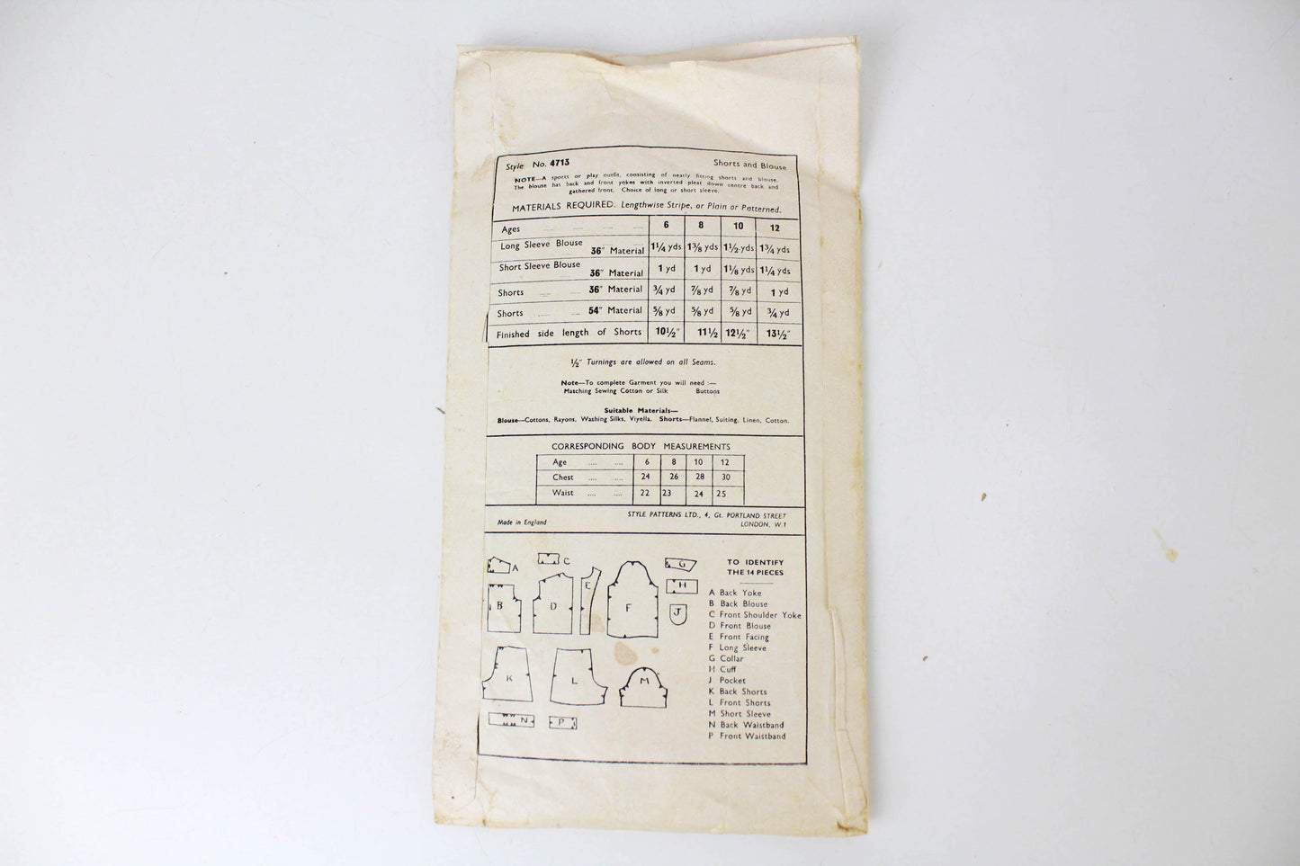 1940s Girls Shorts and Blouse Sewing Pattern Style 4713, Complete, Size 6