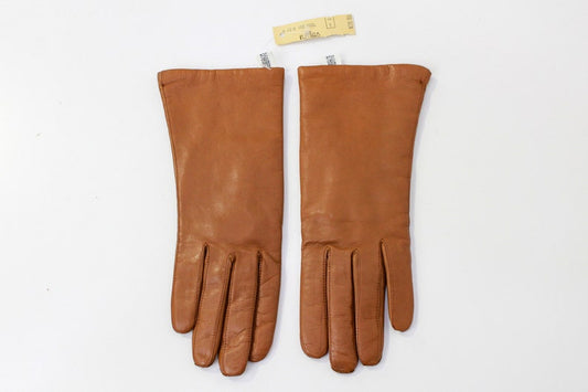 1970s Deadstock Tan Leather Wool Lined Gloves, Size 7