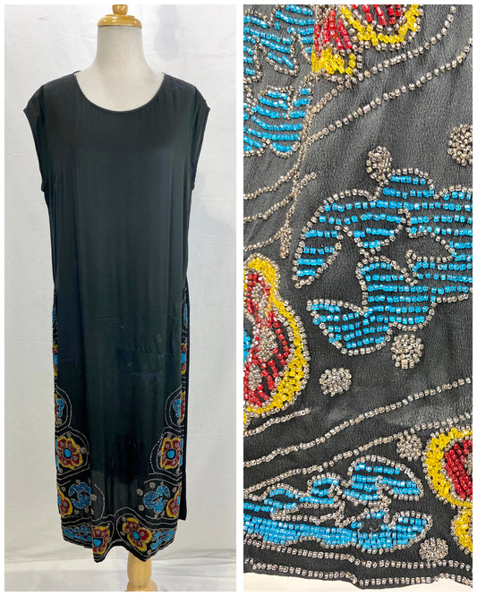 Vintage 1920s Beaded Black Silk Slip Dress, Large