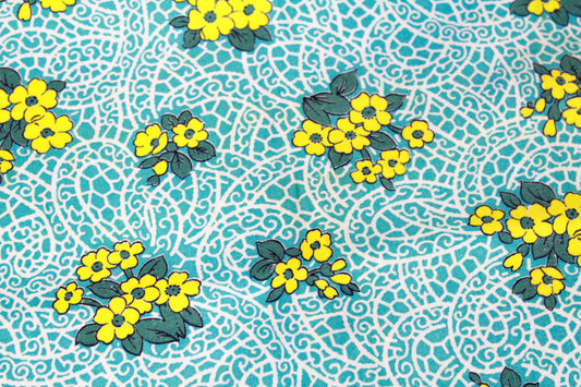 1940s Turquoise Yellow Floral Print Feedsack Cotton Fabric, 2 Pieces